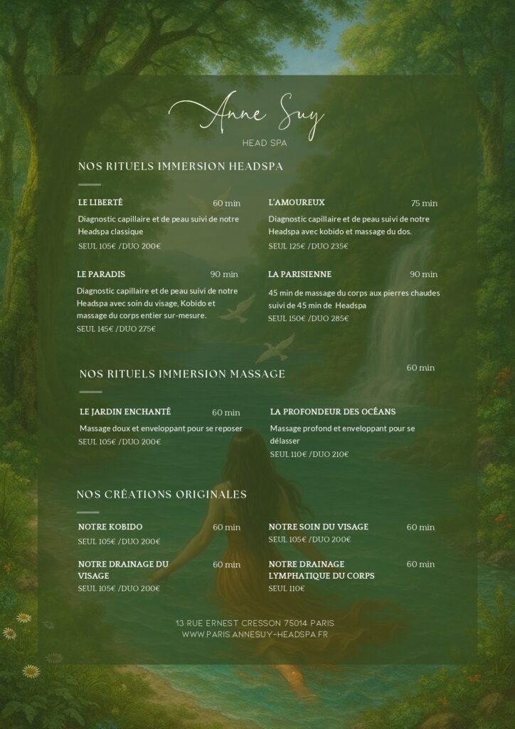 Menu des soins Head Spa Paris — cliquez pour agrandir